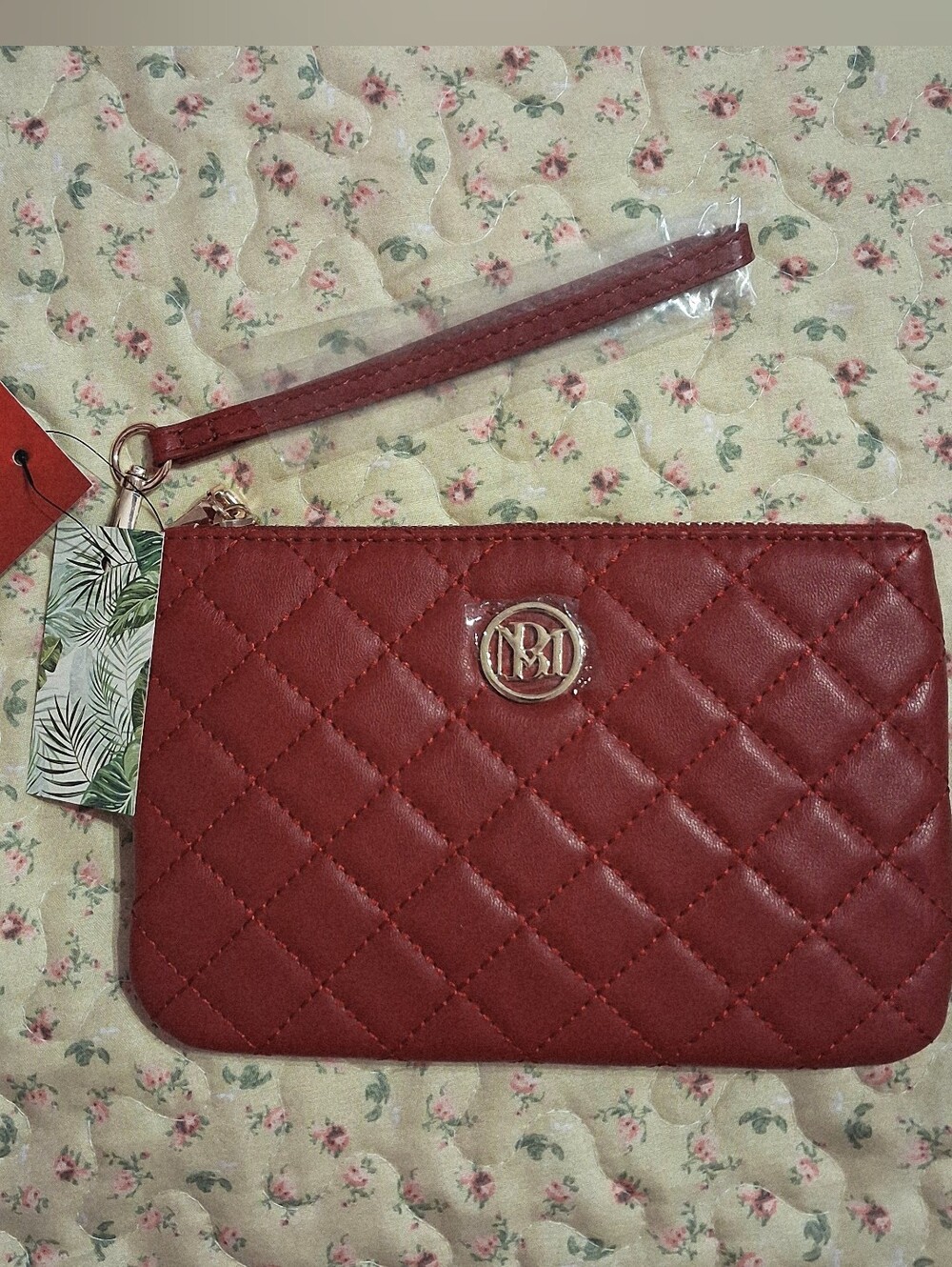 Badgley Mischka Quilted Red Small Wristlet Clutch with Logo Accent NWT